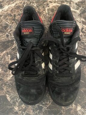 Adidas Busenitz size 9 black Suede Sneakers white & Red Logo Accents, EUC